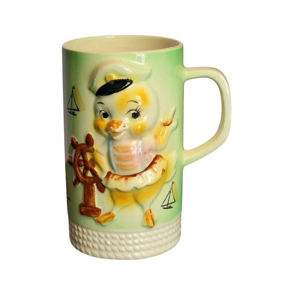 Vintage Kitschy Olimco Green Mug With Sailor Duck Made in Japan 1950's